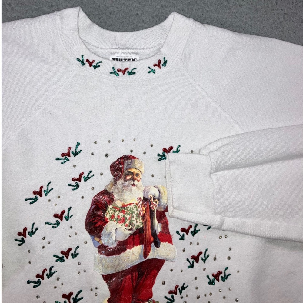 VTG Tultex Santa Claus Sweatshirt Womens XL White Christmas Rhinestone Pullover